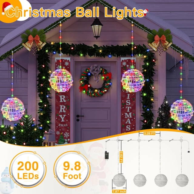 Ollny Outdoor Christmas Multicolor Ball Light 4 Packs 7.87 inch Clear Cable Plug in Connectable 8 Modes IP67 Waterproof